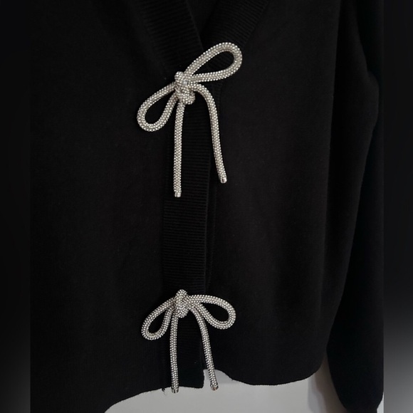 Express Rhinestone Embellished Bow Cardigan M Black Elegant Balletcore Layering - Picture 10 of 12